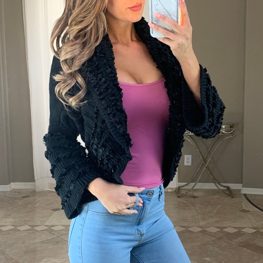 Dolce Cabo Black Velvet Fringe Shrug Cardigan